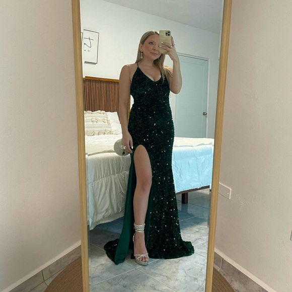 Side Slit Velvet Sequin Gown - Emerald - Picture 7 of 7